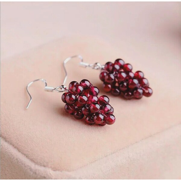 S925 Grape Earrings For Women/Ladies Red Grape Drop Earrings/Women's Natural Garnet Fruit Earrings/Girls Grape Hook Earrings Jewelry