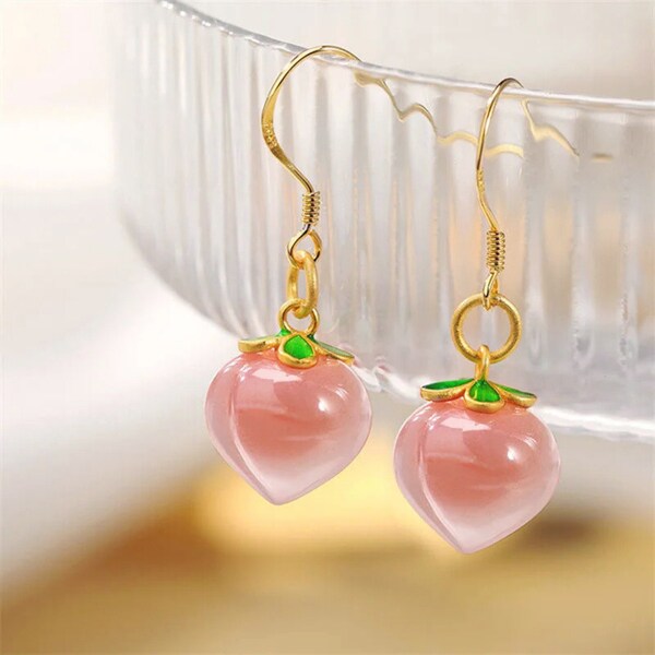 Peach Earrings For Women/Peach Fruit Dangle Earrings/Red Agate Drop Earrings/Red Stone Jewelry Earrings/S925 Silver Earrings/Gift For Her