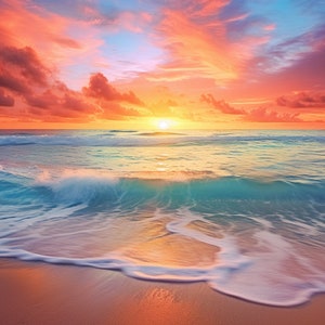 Könnte beinhalten: Ein lebendiger Sonnenuntergang über einem ruhigen Meer mit einer Welle, die an einem sandigen Ufer bricht. Der Himmel ist eine Mischung aus Orange, Rosa und Lila, mit Wolken, die die Farben reflektieren.