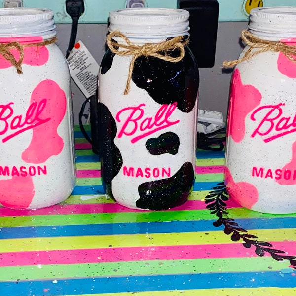 Cowprint mason jars-birthday party centerpiece