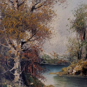 Landscape Oil Painting Hand Painted Forest River Scenery Blossoming of Treas in Antique Gold Gilded Wooden Frame Signed Circa 1940