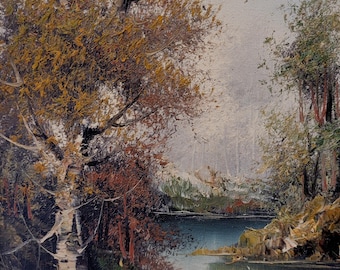 Landscape Oil Painting Hand Painted Forest River Scenery Blossoming of Treas in Antique Gold Gilded Wooden Frame Signed Circa 1940