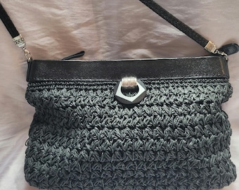 Brighton Woven Raffia Rectangular Stylish Bag Black Leather Trim Detachable Crossbody Strap Silver Floral Etched Hardware Cotton Lining