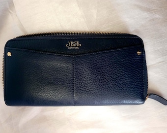 Vince Camuto New York Navy Blue Accordion Pebbled Genuine Leather Credit Card Wallet Size Large Gold-Plated Hardware