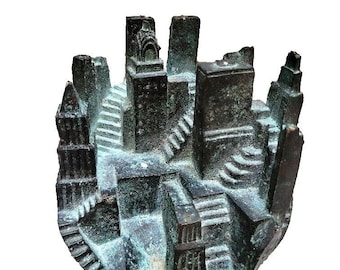 Vintage Bronze Statue New York City Skyline Twin Towers Signed by Gabriel Yantorno Unique Tabletop Collectible