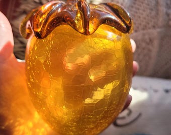 Handblown Acorn Art Glass, Crackled Yellow Decor, Paperweight