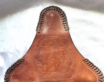 Tripod Seat Cover Genuine Durable Embossed Brown Byson Leather Handmade Aztec Mayan Design 17' Hand Made in Guatemala