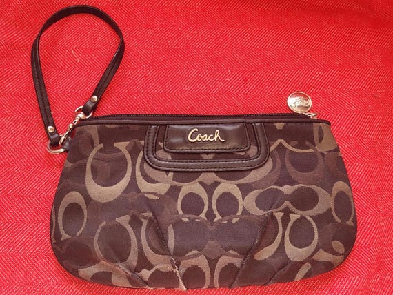 Coach Signature Wristlet Wallet Brown Black Designer Textile Black Leather Trim Finish Silver Tone Hardware Top Zip Closure Size Large