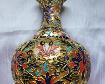 Vintage Chinese Asian Cloisonne Enamel Gold Gilt Champleve Floral Brass Vase Ornate Floral Design Unique House Decor
