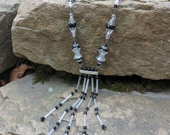 Vintage  Art Deco Drop Style Crystal Necklace Sterling Silver Black Glass Beads