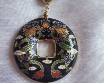 Vintage Chinese Asian Double Dragon Enamel Cloisonne 'Donut' Pendant Necklace Black Silk Cord and Tassel