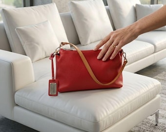 Valentina Red Pebbled Leather Shoulder Bag Clutch Silver Hardware Top Zip Made in Italy New Condition