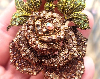 Janus UK London Fashion Jewelry Large Versatile Brooch & Pendant Champaine Crystal Rose Flower