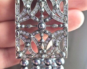 Vintage MONET Stretch Gray Silver Pearl Rhinestone Multi Strand Bracelet Signed