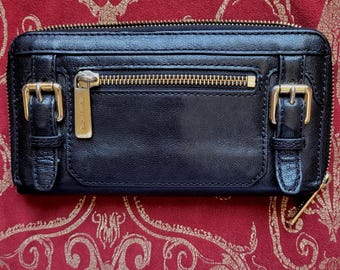 Vintage Michael Kors Zip Around Large Black Accordion Leather Wallet with Gold plated Hardware and Buckles Leather Interior