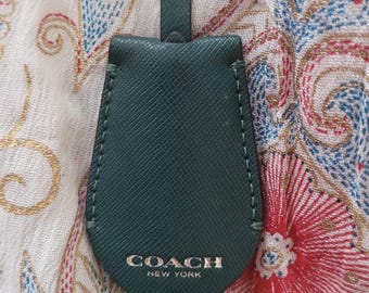 Coach Peyton Saffiano Leather Key Fob Hang Tag Bag Keychain Accessory with Hidden Key Ring Silver Tone Hardware Color Dark Forest Green