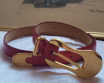Moris Moskowitz MM Genuine Leather Snakeskin Print Women's Belt Raspberry Red Color Gold Plated Art Deco Buckle Length 35.3''