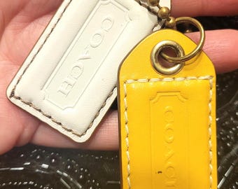 Set of 2 Coach Hang Tags Bag Charms Thick Brass Chain White Mustard Yellow Leather 2.5'' Tags Gold Hardware