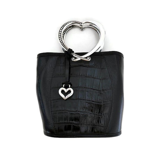 a*y様 KIMHEKIM Petit Coeur Bag ブラックレザーショル Brighton Heart Shaped Metal Handles Crocodile Embossed Panel Flat