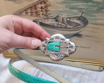 Vintage MZ Wallace Accessories of New York Genuine Snakeskin Belt Turquoise Green Color Silverplated Buckle Size 24 S Genuine Leather Lined