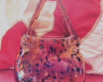 Vintage Art Deco Crystal Block Mouth Blown Hand Cut European Bucket Flower Purse Bag Vase Home Decor in Amber Pattern Dark Chocolate Dots
