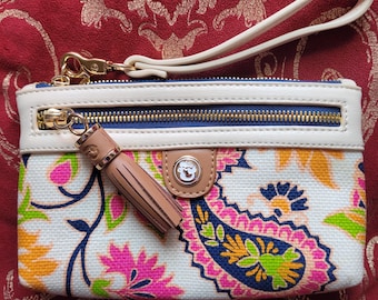 Spantina 449 Daufuskie Island Wristlet Leather Linen Detachable Strap Linen Interior and Exterior Floral Happy Design New Condition