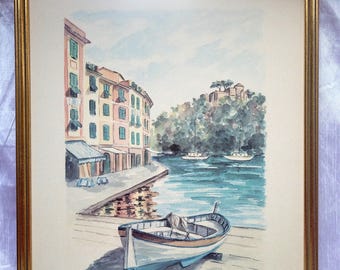 Vintage Mara Sanguineti Matted Numbered Signed Dated Print Dated 1972 Portofino Made in Italy Nautical Italian Coastline Boats Marina