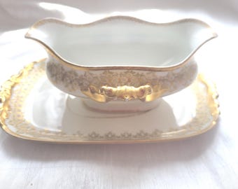 Antique Jean Pouyat Limoges JPL Gravy Boat Detached Under Plate Tray Set With Handles Gold Plated Hand Painted Flowers Made In France