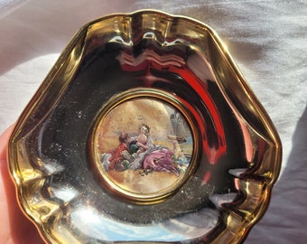 Vintage Sterling Silver Medalion Gold Plated Trinket Dish Tray Plate By Chinelli Renaissance Coupling Scene Hand Made in Italy
