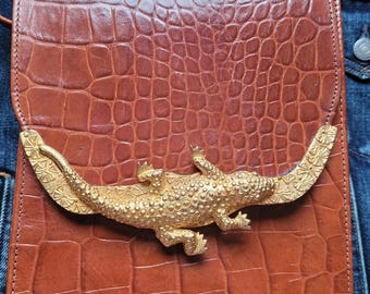 Vintage Rare Leather Unisex Crossbody Bag Caramel Brown Lizard Geico Gold Plated Design Handmade in USA Leather Lining Magnetic Closure