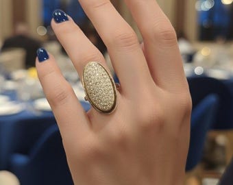 Anillo de cóctel ovalado vintage de plata de ley con cristal blanco, talla 7 de EE. UU.