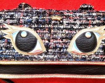 Juicy Couture Multicolored Tweet Cat Clutch Wristlet Bag Sparkle Large Eyes Black Faux Leather