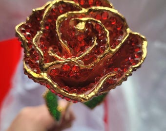 24K Gold Trim Red Forever Rose Red Austrian Swarovski Crystals Real Rose Handmade Customized Gold-plated Preserved in Lacquer Shell