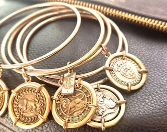 Elizabeth Taylor Set of 5 Greco Roman Coin Designer Bangle Bracelets Silver Tone & Gold Finish Signed Costume Jewelry