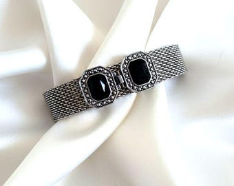 Vintage Silver Mesh Black Onyx Marcasite Art Deco Style Estate Size 7'' Bracelet