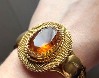 Vintage Czech Large Oval Glass Mesh Cuff Clasp Bracelet Gold Plated Antique Ornate Art Deco Style Size 7