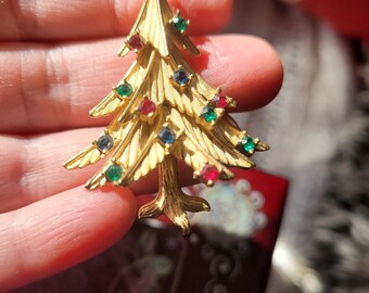 Trifari Christmas Tree Brooch Pin Signed Rhinestones Brushed Gold Vintage Designer Costume Jewelry Collectible Book Piece