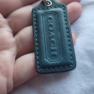 Authentic Coach Hang Tag Saffiano Leather Finish Color Green Silver Tone Hardware Designer keychain Hand Bag Accessory Size 2.5&#39;&#39;