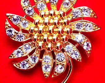 Vintage Napier Sunflower Flower Gold Plated Crystal Rhinestones Brooch Signed