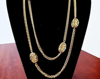 KJL Kenneth Jay Lane Set of 2 Gold Tone Long Chain Necklaces Filigree 3D Beads Length 48''