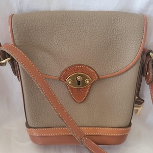Vintage Dooney Bourke Spectator Cavalry Equestrian Style Crossbody Bag Brass Hardware Brown Taupe Leather Rare Handmade in USA
