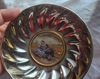Vintage Sterling Silver Medalion Gold Plated Silverplated Trinket Dish Tray Plate by Chinelli Made in Italy Renaissance Romantic Coupling