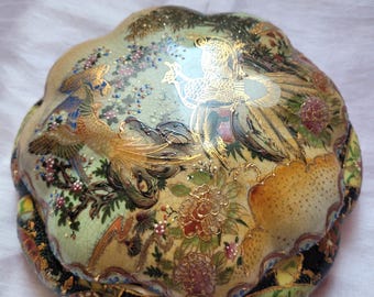 Vintage Royal Satsuma Bowl Trinket Box with Lid Hand Painted Oriental East Asian Japanese Design Gold Plated Pheasant Birds