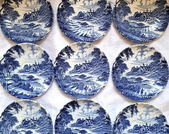 Rare Vintage Ridgway Staffordshire Meadowsweet Blue & White Tea Saucer Set of 9 Ironstone Genuine Hand Engraving England
