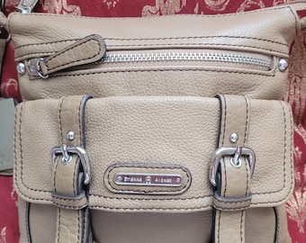 Etienne Aigner Crossbody Messenger Travellers Bag Mocha Beige Color Multi Pocketed Silver Tone Hardware Secure Top Zip Closure