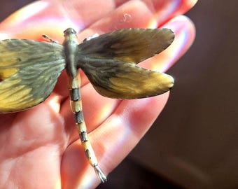 Vintage Erwin Pearl E. Pearl Enameled Dragonfly Brooch Signed Yellow Green