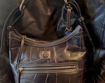 Dooney and Bourke Black Genuine Leather Crocodile Embossed Print Shoulder Bag with Substantial Silver tone Hardware Top Zip Stitched Design