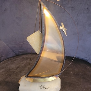 Don Demott Sailboat Made out of Brass Mounted onto Onyx Base Signed Vintage Original Tag Handmade Artisan Made in California USA