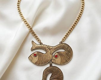 SARA COVENTRY Lucky Fish Figural Necklace Ruby Rhinestone Eyes Gold Tone Signed