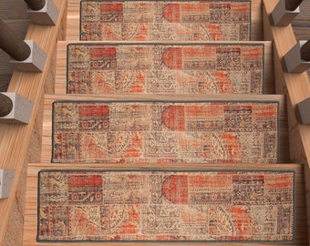 May include: Set of five non-slip stair treads with a patterned design featuring shades of beige, red, and blue. The treads are made of a durable material and are designed to help prevent slips and falls on stairs.